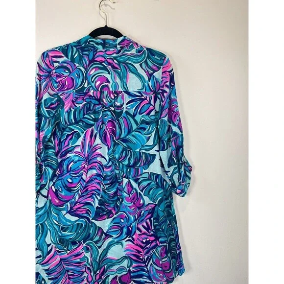 Lilly Pulitzer Dress Blue Natalie Shirtdress Cover Up Mini Floral Beach 2XS - Picture 7 of 11